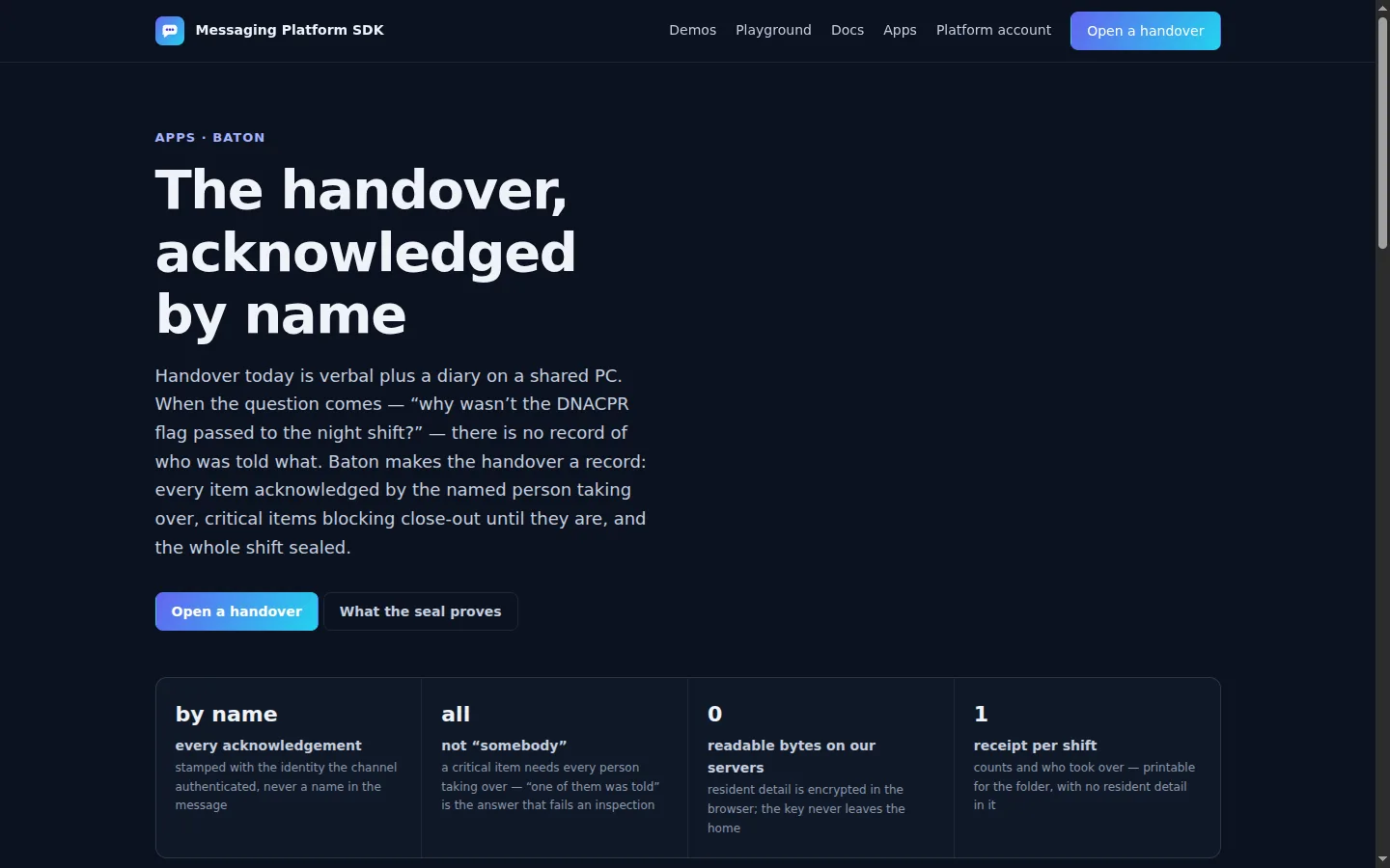 Baton feature page describing a shift handover acknowledged by name.
