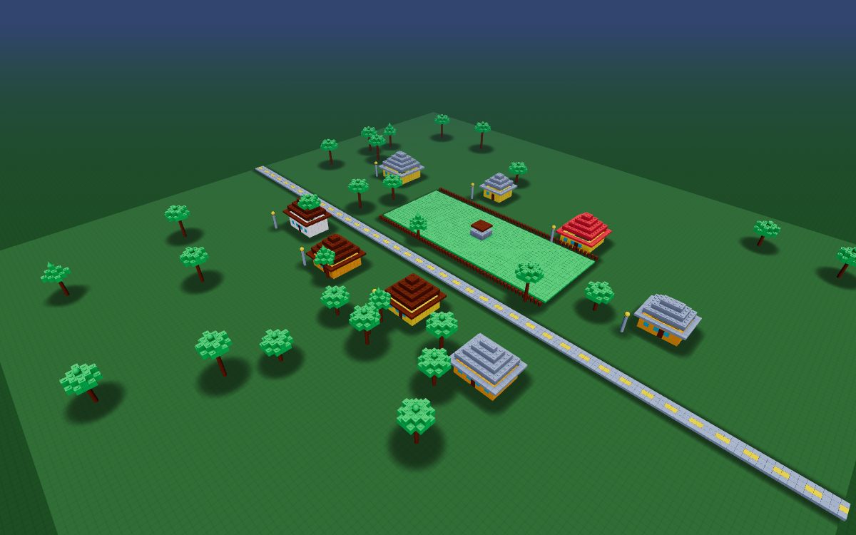 Village Green — Cottages round a green, a well, hedgerows and a lane