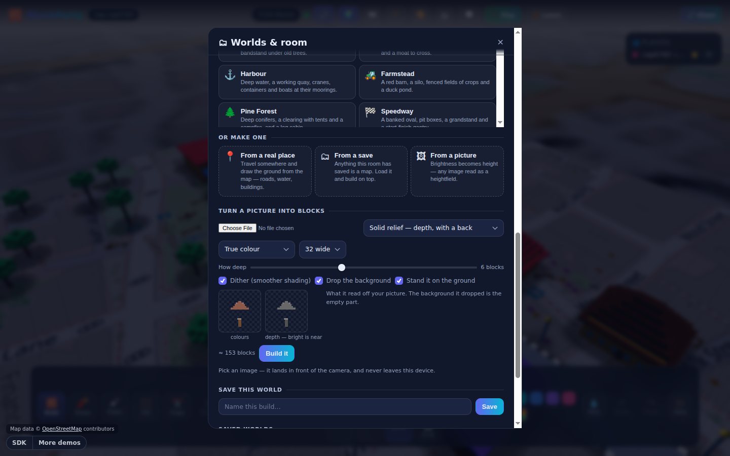 The picture import panel: five build styles, colour mode, width and depth, background removal, and two previews showing the colours it read and the depth it will build with.