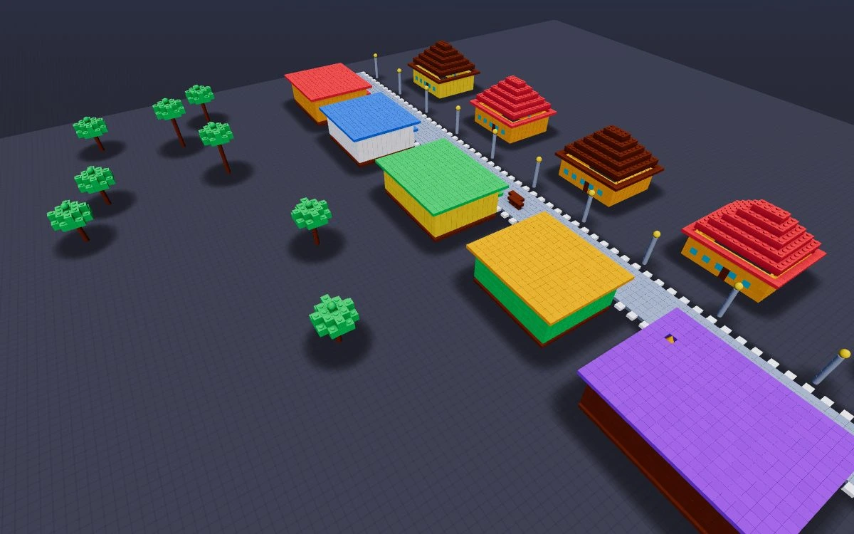BlockParty Old Town demo scene with colorful voxel buildings and trees
