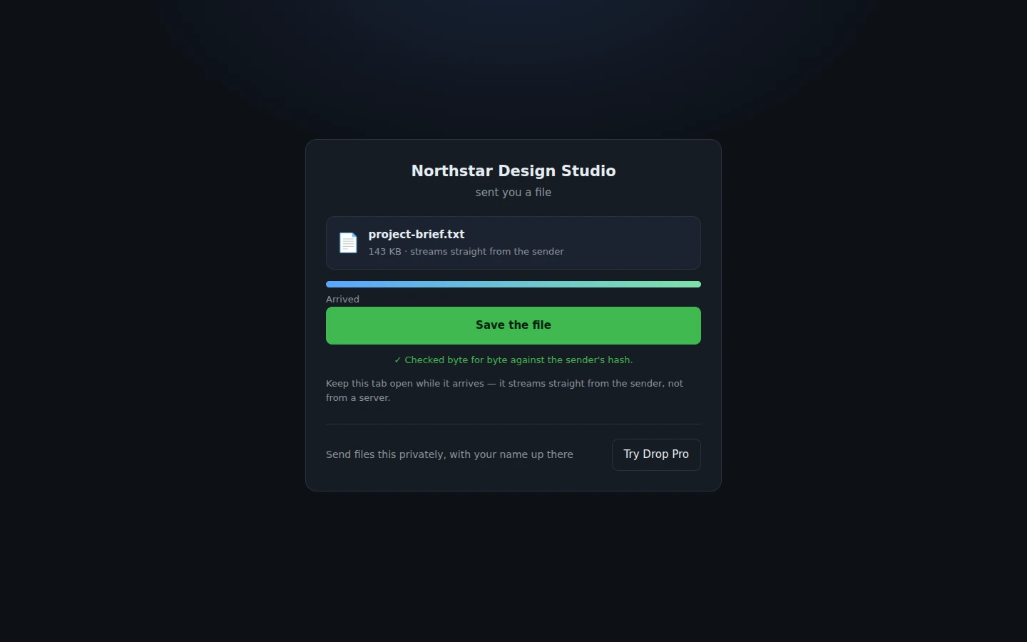 Drop Pro demo interface for sharing files between connected devices