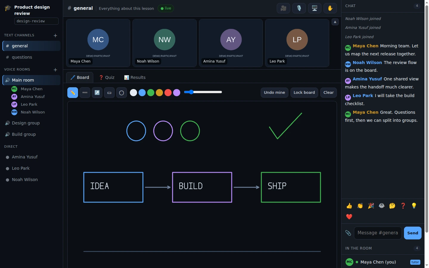 Rooms demo workspace showing its call and collaboration interface