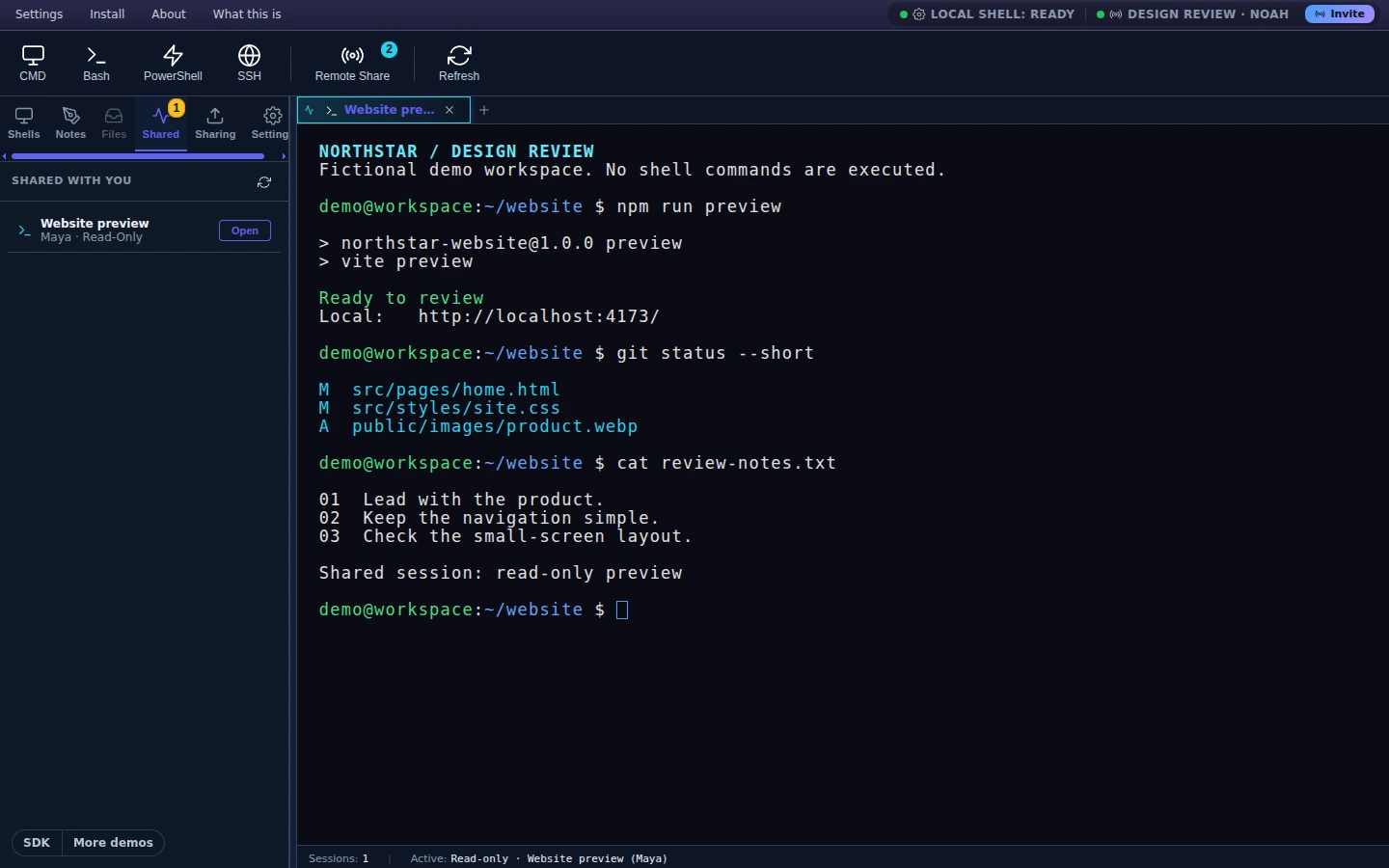 Shared Terminal demo showing a browser terminal and its workspace controls