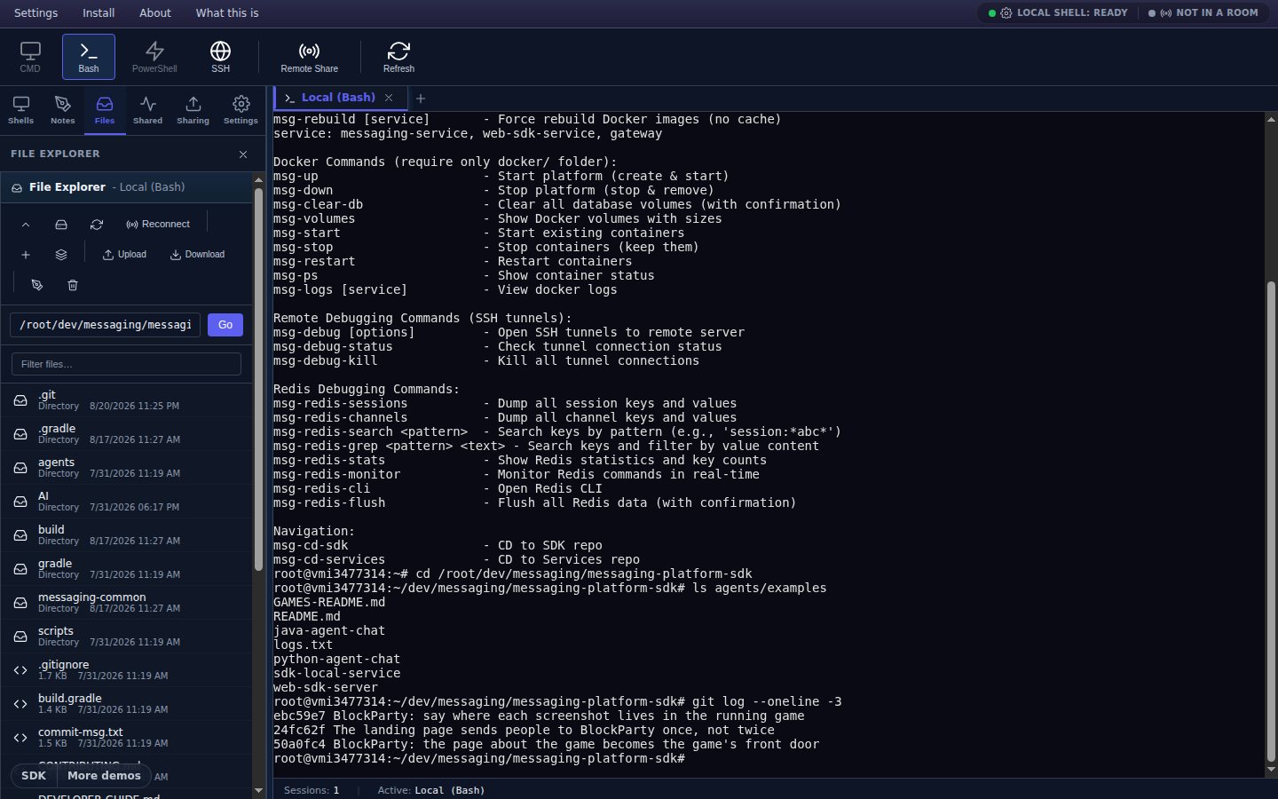 The file explorer open in the sidebar beside a live shell, listing a directory with a path bar and a toolbar.