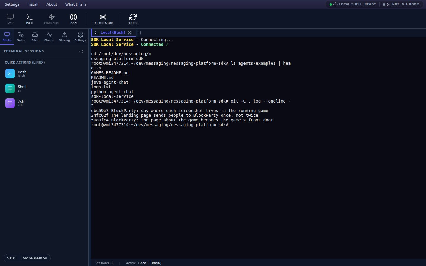 The shared terminal running a real bash session: a tab bar, a sidebar of shells, and a shell prompt with the output of ls and git log.